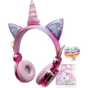 TCJJ Kids Unicorn Headphones for Girls - Wireless Bluetooth Headset with Mic, Adjustable Headband, Over Ear for Smartphones/School/Kindle/Tablet/PC (Pink)