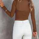 REORIA Womens Trendy Sexy Mock Turtle Neck Long Sleeve Sheer Mesh Ruched Going Out Bodysuits Tops (Brown, L)