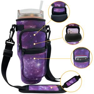 Water Bottle Carrier Bag for 40oz Stanley Tumbler with Handle, Galaxy Water Bottle Holder with Adjustable Strap& Phone Pocket, Stanley Cup Pouch Accessories for Walking,Purple