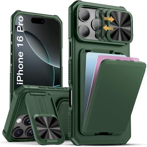 SSLOTSCASE for iPhone 16 Pro Case with Card Holder, & Hidden Kickstand & Camera Protection, Stylish Durable TPU Soft Silicone Edge Protective Case Cover for iPhone 16 Pro 6.3'' 5G 2024, Green