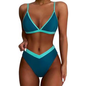 SUUKSESS Women Triangle High Cut Bikini Sets Sexy High Waisted 2 Piece Swimsuit (Medium, 57 Green Blue)
