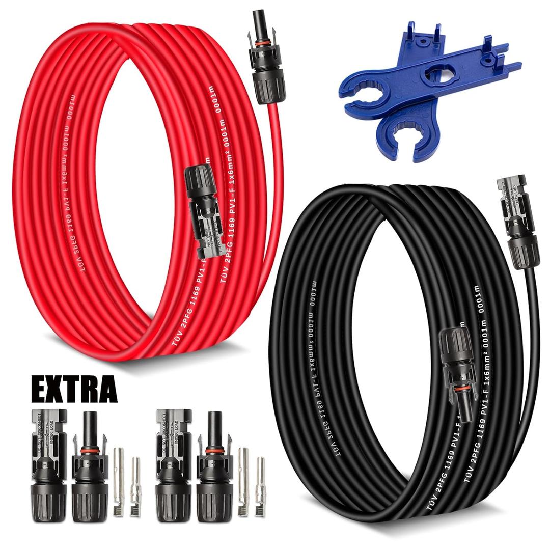 Solar Extension Cable 30 Ft 10AWG (6mm) Solar Power Cable Wire Male Female Connectors Gauge 30' 30A Wire for Roof PV Wire Solar Panel Cables 10 Gauge Wire