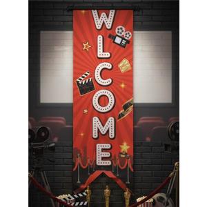 Tegeme Movie Night Porch Sign Banner Movie Theme Party Decorations Theater Welcome Now Showing Lights Camera Action Hanging Porch Sign for Home Film Backdrop Party Supplies (Delicate, Red and Black)
