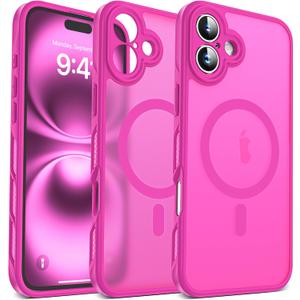 for iPhone 16 Plus Case with Magnetic [Compatible with Mag-Safe] [Upgraded Full Camera Protection] [Heat Dissipation] Matte Translucent Back Shockproof Phone Cover 6.7 Inch-Hot Pink