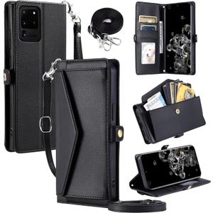 Wallet Case for Samsung Galaxy S20 Ultra 5G with Wrist Strap Card Holder Shockproof Soft PU Leather Magnetic Snap Pocket Stand Cell Phone Cover S20ultra 20S S 20 A20 S2O 20ultra G5 Women Black