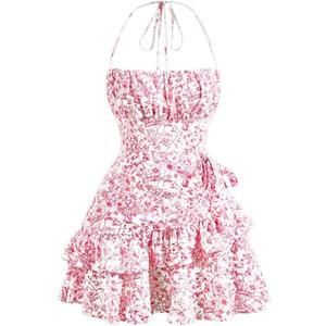 Narecte Summer Dresses for Women,Tie Halter Mini Dress,Floral Print Short Dress,Ruffle Trim Casual Dresses (X-Large, Pink)