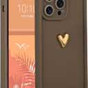 Cases for iPhone 15 Pro Max Cute 3D Golden Heart Design Soft Shockproof Slim Protective Silicone Phone Cover for Women Girls Brown