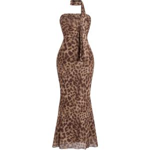 Milumia Women's Leopard Print Strapless Bodycon Maxi Dress Mesh Long Tube Top Dress (Large, Brown)