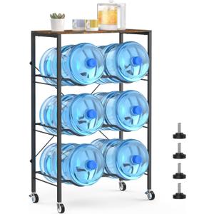 3 Tier 5 Gallon Water Jug Holder 6-Tray Water Jug Rack with Top Shelf and 4 Wheels Heavy Duty Movable Water Jug Stand,5 Gallon Water Bottle Holder for Kitchen Office Living RoomBrown
