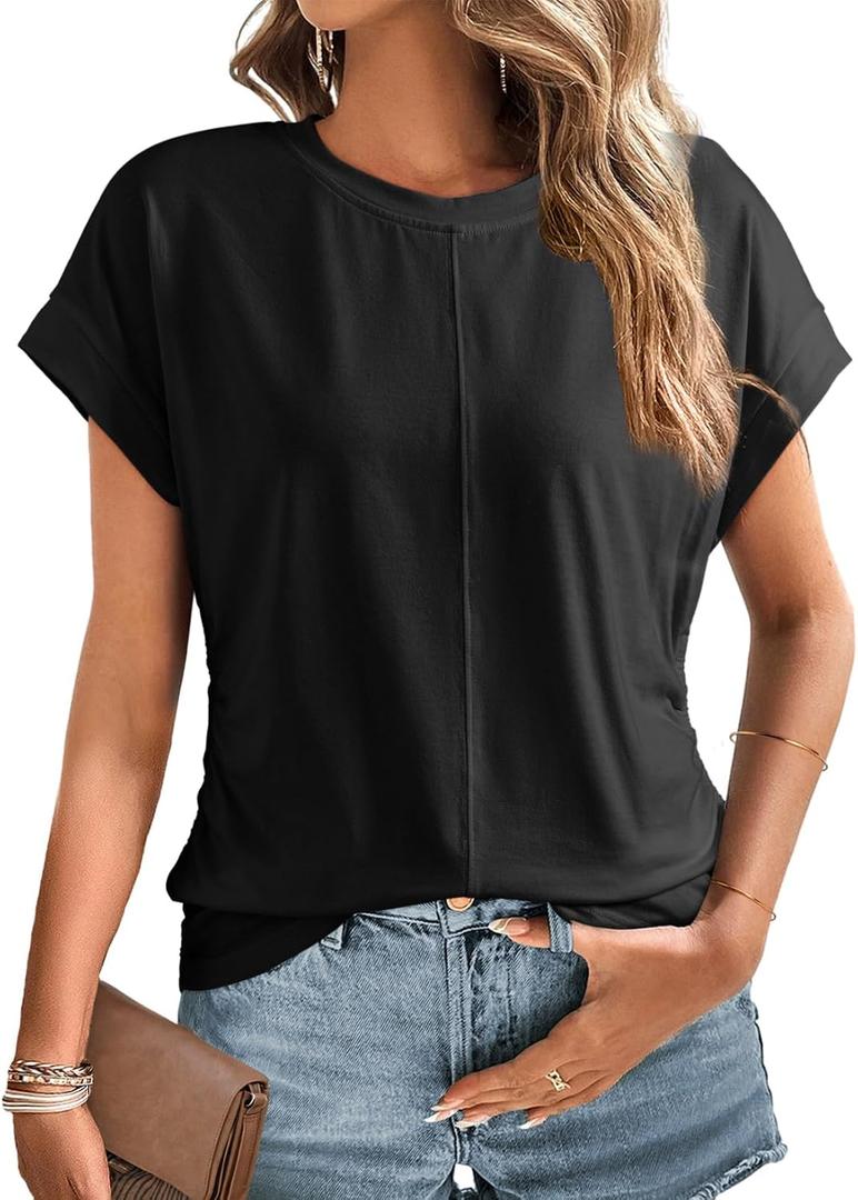 Dokotoo Spring Tops for Women 2025 Cap Sleeve Side Ruched Summer Tops for Women Trendy Women Clothing (Black, S)