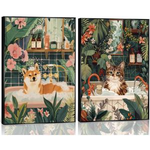2Pcs Funny Animal Bathroom Wall Art Cat and Dog Taking a Bath Canvas Posters Prints Bohemian Green Plants and Flowers Picture for Bathroom, Toilet Bedroom Wall Decoration Unframed (16x24Poster, Colorful)