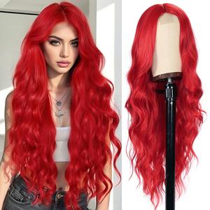 Colorful Queen Red Wigs for Women 26 Inch Long Red Wig Curly Wavy Wig Natural Looking Synthetic Lace Wig for Daily Party Use Halloween Cosplay