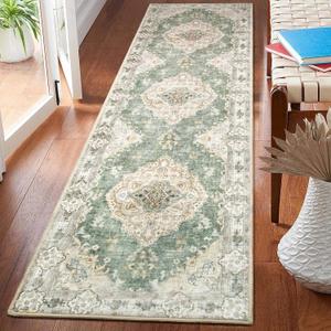 MUJOO Hallway Runner Rug 2'x8' Green Long Rug Runners Boho Machine Washable Non Slip Carpet for Entryway Kitchen Bathroom Bedside Retro Soft Low-Pile Blossom