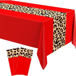 3 x Leopard Print Tablecloth 54 x 108'' Leopard Plastic Table Cover Disposable Safari Animal Cheetah Print Party Decorations for Baby Shower Wedding Birthday Party Favors(Red,3 Pcs)
