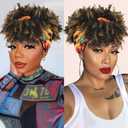 LEOSA Short Afro Kinky Curly Wigs for Black Women Natural Black Curly Headband with Bangs Synthetic Curly Wigs with Head Wrap 2 in 1 for Women Curly Full Scarf Wigs
