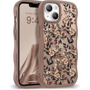 GVIEWIN Cute for iPhone 14 Case & iPhone 13 Case [Compatible with MagSafe] [Curly Wave Edge] Floral Translucent Magnetic Shockproof Protective Phone Cover for iPhone 14/13 6.1'', Bunchflower/Brown