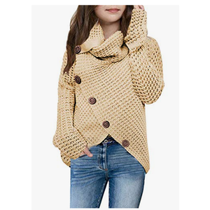 Girls Sweaters Button Turtle Cowl Neck Asymmetric Hem Wrap Pullover Sweaters for Girls Size 120