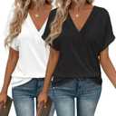 EyMuse 2 PCS Women's V Neck T Shirts Casual Trendy Short Sleeve True Classic Tees Ladies Summer Tops Loose Fit Outfits, White+Black, XXL
