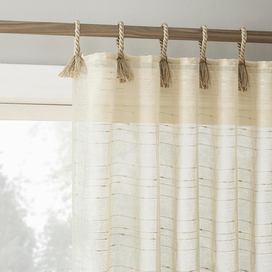 No. 918 Claudia 2-Pack Slub Stripe Linen Texture Rope Tab Semi-Sheer Tie Top Curtain Panel Pair, 50" x 84", Natural Beige