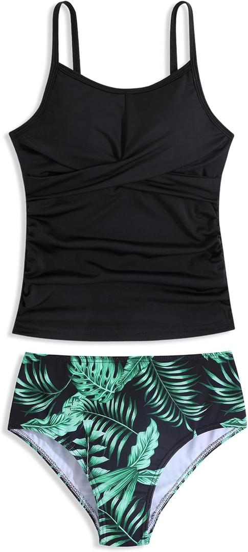 LKALPSQ Girls Swimsuits 2 Piece Bathing Suit Tropical Floral Swimwear  Beach Sport Halter Tankini Black 15 Years