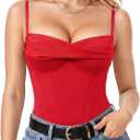 Popilush Corset Bodysuit for Women Tummy Control Shapewear Bodysuits Cowl Neck Going Out Tops Concert Outfits (Large, Red)