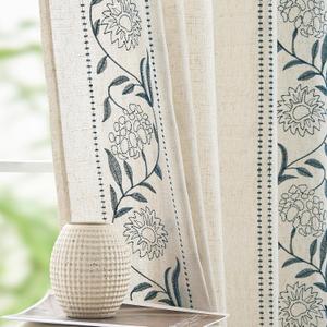 jinchan Winslow Linen Curtains for Bedroom 63 Inches Length Embroidered Bordered Floral Curtains for Living Room Farmhouse Decor Light Filtering Window Treatments Blue on Beige Drapes 2 Panels