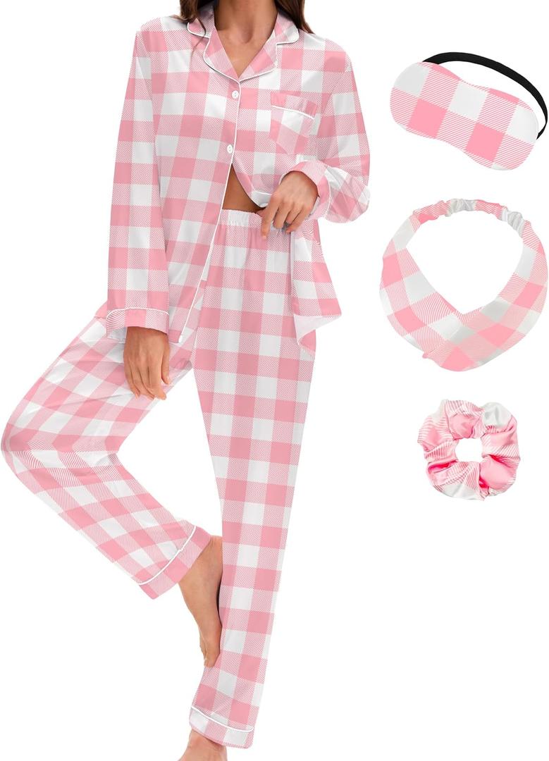 EPLAZA Silk Pajamas for Women Satin Pajamas Set 5 Pcs Long Sleeve Print Pattern Button Down Pjs Sleepwear Loungewear Set (Pink White Plaid, S)
