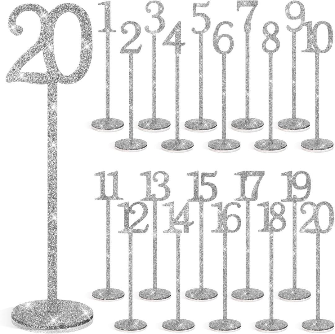 Chunful 20 Pcs Glitter Table Numbers 1-20 Wooden Wedding Table Numbers for Wedding Reception, Banquet, Catering Events, with Holder Base(Silver)