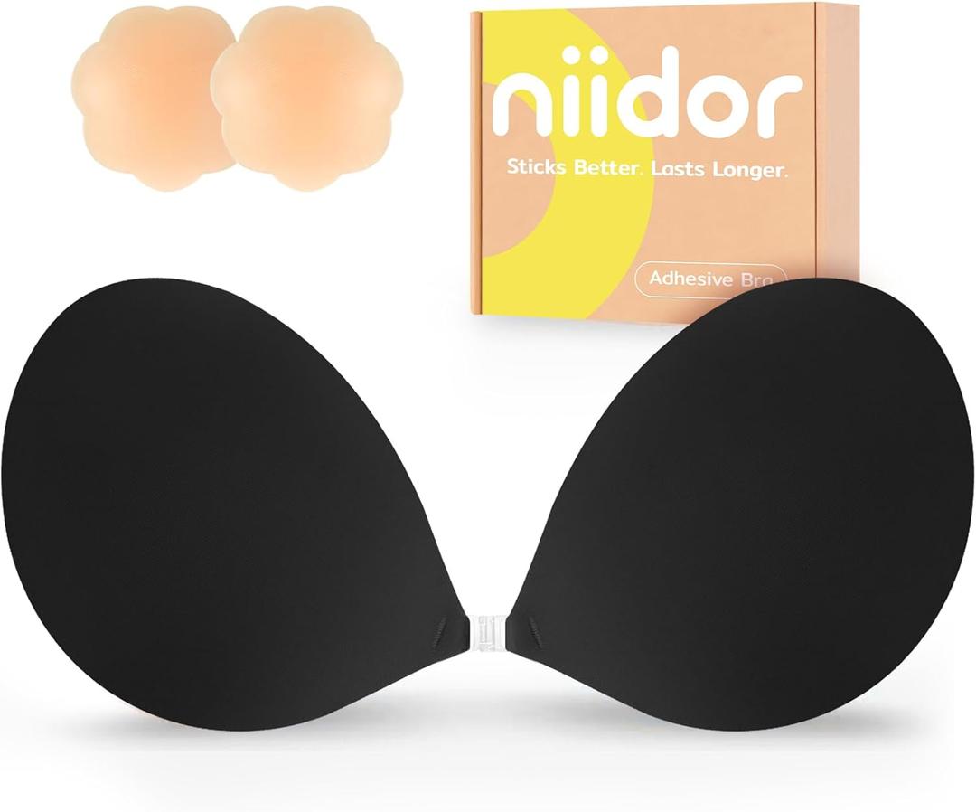 Niidor Adhesive Bra Strapless Ultra Sticky Invisible Push up Silicone Bra Multiple Colors Sizes Reusable for Backless Dress (Black)