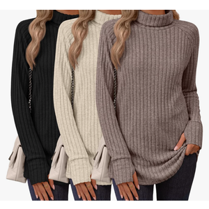 Ficerd 3 Pack Women's Turtleneck Long Sleeve Tunic Sweater Thumbhole, Ribbed Raglan Curved Hem Knit Shirts Loose Fall Winter, XL
