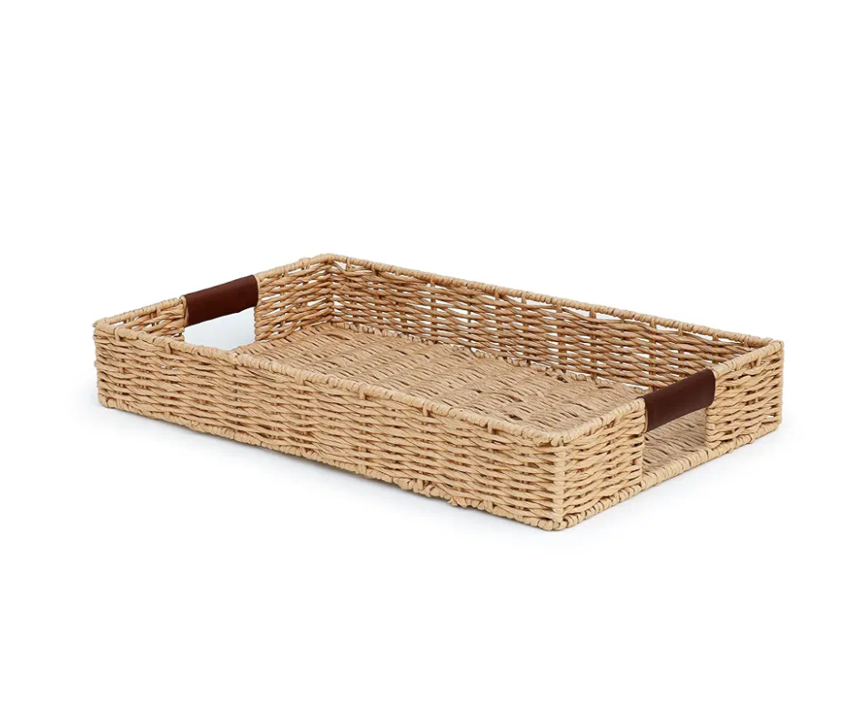 Handwoven Multipurpose Rectangle Rattan Tray, 20” x 12” – Durable Wicker Tray with Leather Handles for Home Decor Display