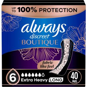 Always Discreet Boutique Incontinence Pads, for Bladder Leaks, Extra Heavy Absorbency, Long Length, 40 Count (2 Packs of 20)