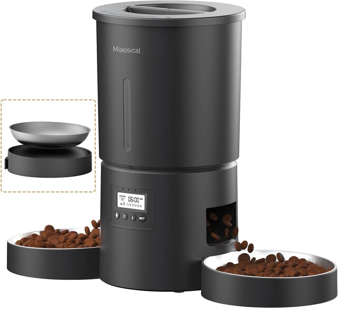 Automatic Cat Feeder 2 Cats, 4.2L Dry Food Auto Dispenser with Double Bowls,Dual Power Supply,Programmable Portion Control,10s Voice Recorder(Black,Stainless Steel Bowls) (Pure Black)