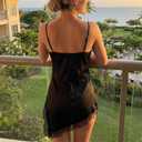 XBTCLXEBCO Women's Satin Lace Cami Top Silk V Neck Spaghetti Strap Camisole Asymmetrical Hem Flowy Long Lace Tank Slip Dress (Black, L)