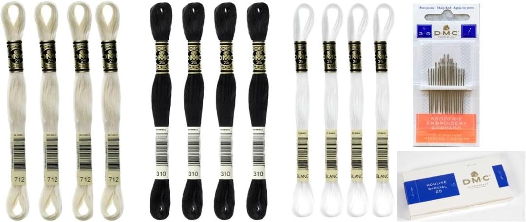 DMC Embroidery Floss Mouline Special Black (310), Cream(712), White(Blanc) -3 Colors Thread Bundle with DMC Embroidery Hand Needles 3-9, INCELER Supplies