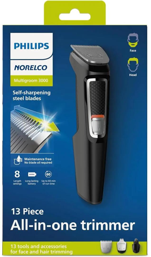 Norelco Philips Multi Groomer All-in-One Trimmer Series 3000-13 Piece Mens Grooming Kit for Beard, Face, Nose, Ear Hair Trimmer and Hair Clipper - NO Blade Oil Needed, MG3740/40 (MG3740/40 - 13 Pieces, Black/Chrome)