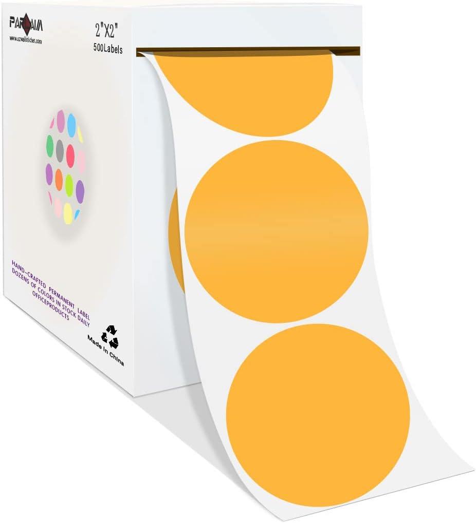 PARLAIM 2 Inch Round Permanent Adhesive Color-Code Dot Stickers,500 per Roll dots Label Dispenser Box,Fluorescent Orange Circle Stickers Label