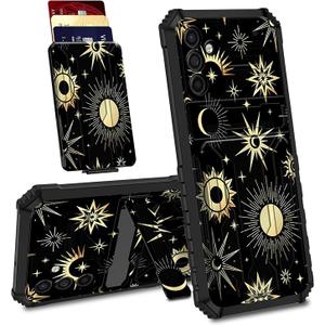 for Samsung Galaxy A13 5G Wallet Case with Card Holder Slot Flip Cover Hybrid Dual Layer Heavy Duty Shockproof Hidden ID Cash Credit Wallet Case for Samsung A13 5G, Sun Moon Star