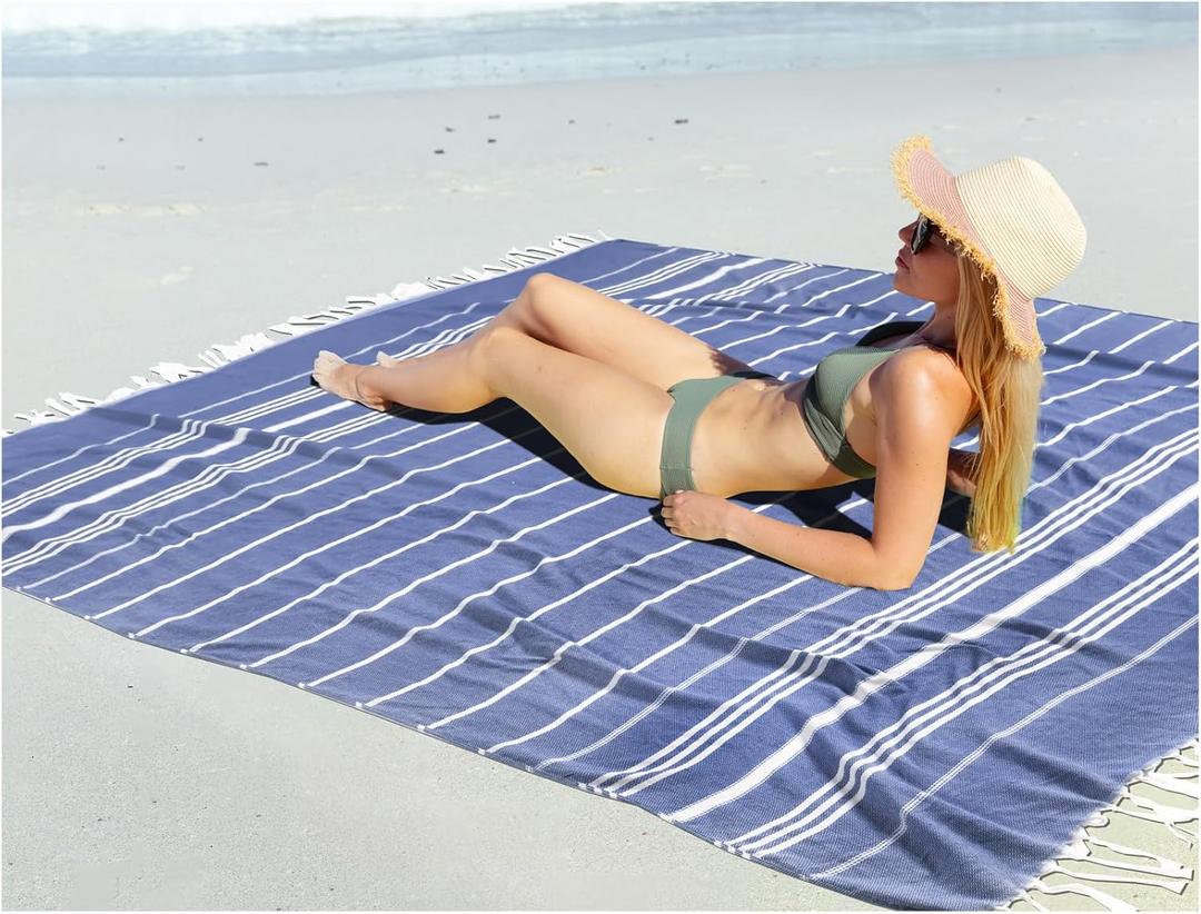 Oversized Turkish Beach Towel Blanket XXL Cotton Sandproof Towels Boho Woven Extra Large Big Sand Free Giant Throw Blankets Huge Quilt XL Picnic Camping Necessities Cloud For Adult Gifts Blue XXL(85x75 IN,215x190 CM)