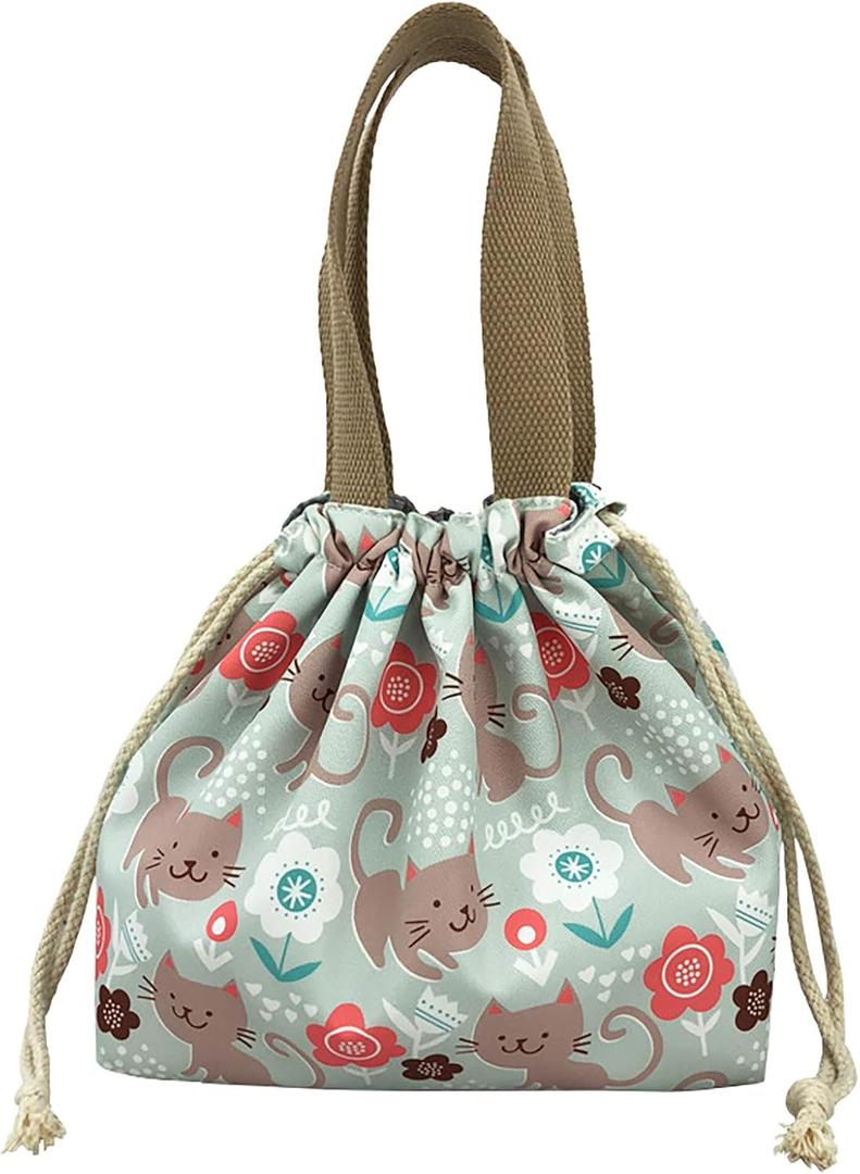 Mini Lunch Tote Pouch Reusable Small Cute Lunch Bag with Drawstring Suitable for Girls Women, Cat Green