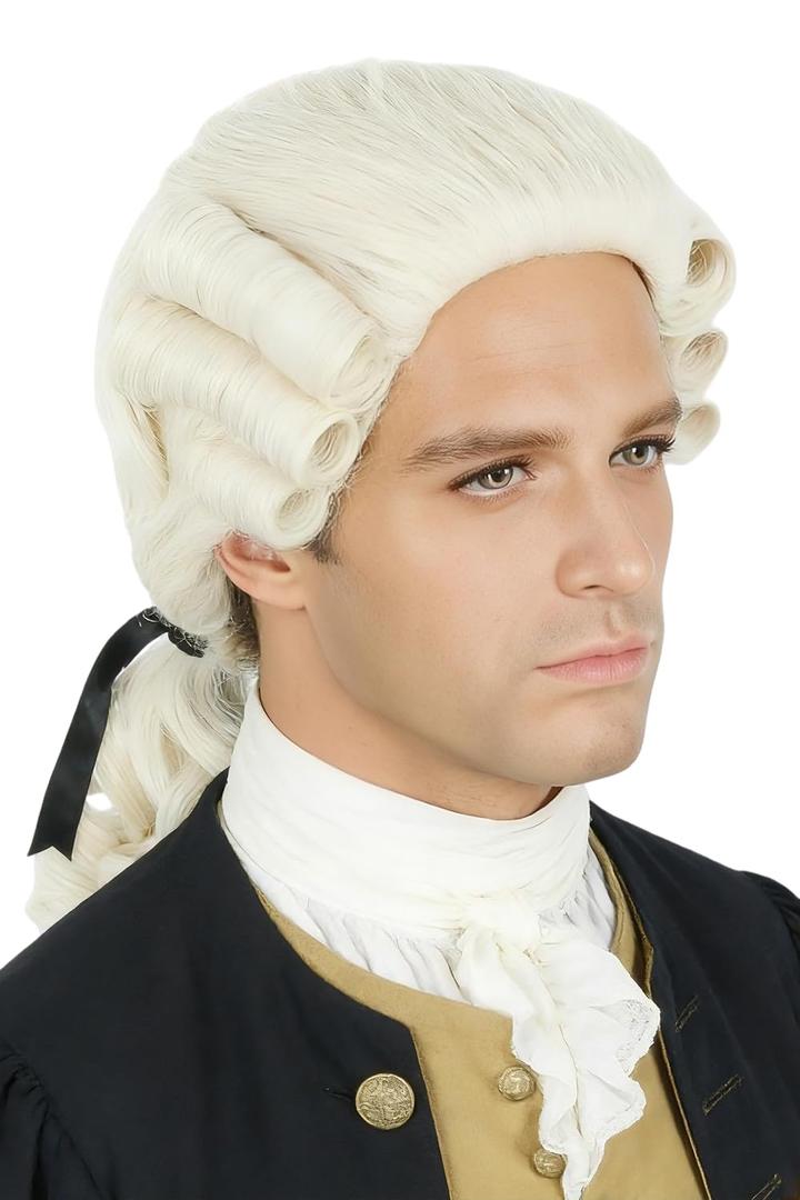 Washington Colonial Wig - 18th Century Historical Men's Wigs for Halloween Beige Judge Powder Wig