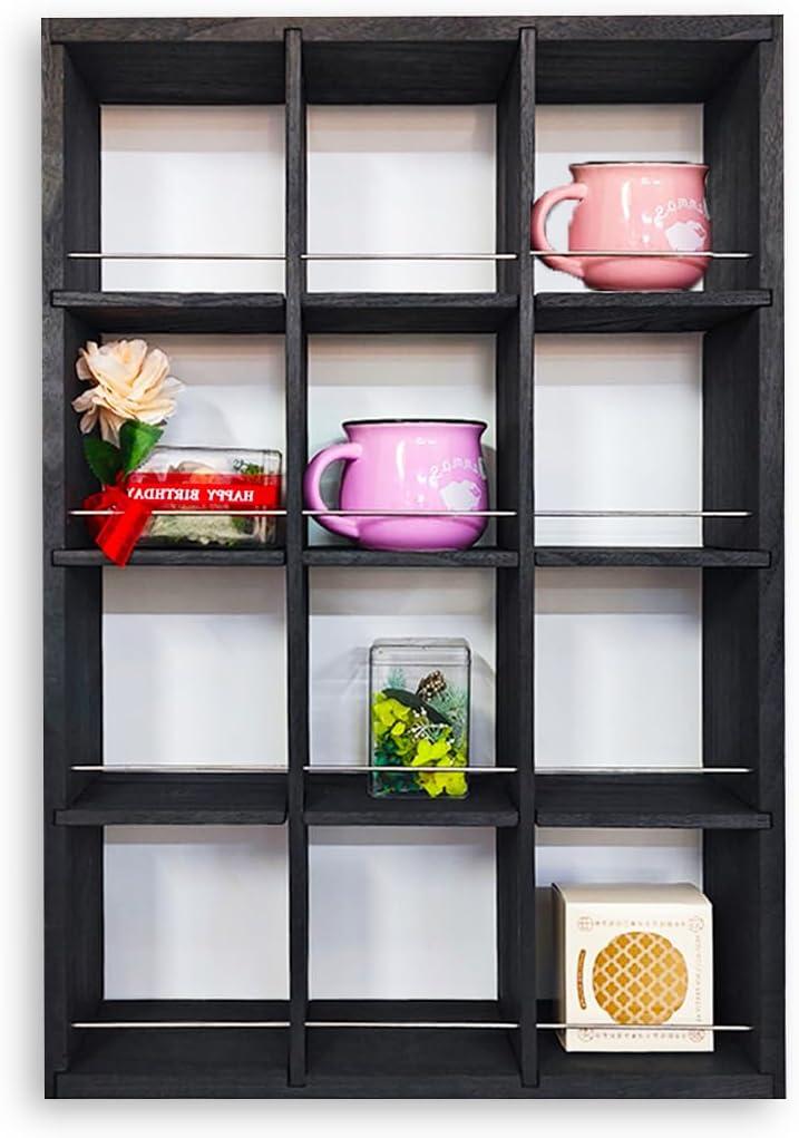 Coffee Mug Display Rack Wooden Display Shelves Cup Holder Shadow Box Shelf Wood Hanging Shadow Box Shot Glasses Display Case with 12 Compartment (Black)