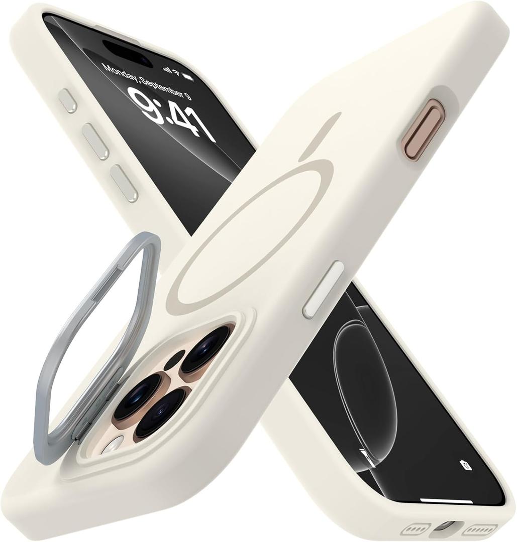 for iPhone 16 Pro Max Liquid Silicone Case with Invisible Camera Ring Stand Compatible with Magsafe, Slim Metal Buttons Anti-impact Magnetic Protective Case for iPhone 16 Pro Max 6.9", White