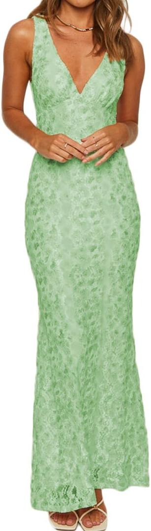Elegant Lace Floral V Neck Backless Bodycon Dresses for Women Sexy Cut Out Low Back Sleeveless Maxi Dress Wedding Guest (L)