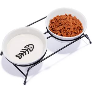Anti-Vomiting Raised Cat Bowls - 2 13 oz Ceramic Cat Food & Water Bowls with Non-Slip Stainless Steel Stand, Dishwasher Safe for Indoor Cats