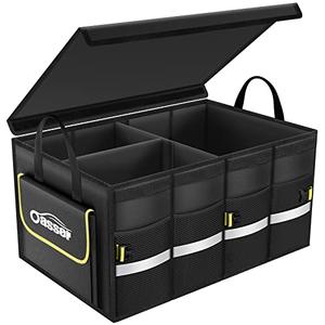 Oasser Car Trunk Organizer, 3 Compartments Collapsible Waterproof Car Organizer Storage with Foldable Cover, Reflective Strip, Non-Slip Bottom, 4 Mesh Pockets for SUV/Truck/Sedan/Camping/Road Trip