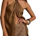 Seyumixi Women Elegant Silk Satin Top Halter Neck Knot Dressy Draped Tops Sleeveless Sexy Backless Going Out Top (Brown, L)