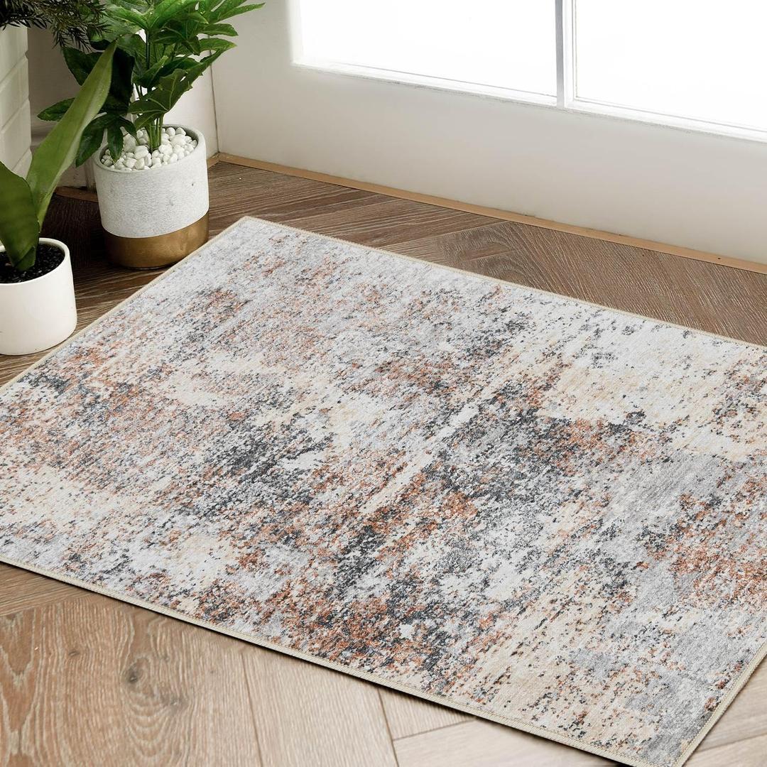 jinchan Area Rug 2x3 Washable Modern Rug Abstract Entryway Doormat Taupe Multi Print Overdyed Floor Cover Distressed Contemporary Lightweight Non-Slip Thin Carpet for Kitchen Bathroom Living Room