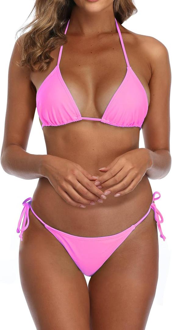SHERRYLO Thong Bikini Swimsuit for Women Black Brazilian String Bikinis Bathing Suit Triangle Top Bathing Suits Swimsuits (Medium, Pink)