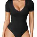 Avidlove Short Sleeve Bodysuit V Neck Bodysuit for Women Lace Body Suits Summer Lace Bodysuit Tops(Black,XS)